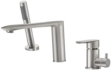 PHASAT Tub Waterfall Faucet with Handheld Shower Brushed Nickel 3-Holes Deck Mount