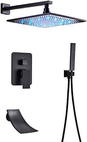 Black LED Shower Head Set with Waterfall Tub Spout and Handheld Shower