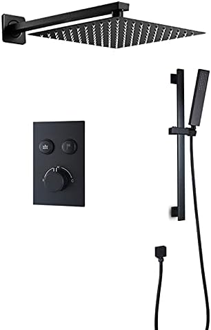Black Thermostatic Shower Faucet Set with Square Head and Handheld