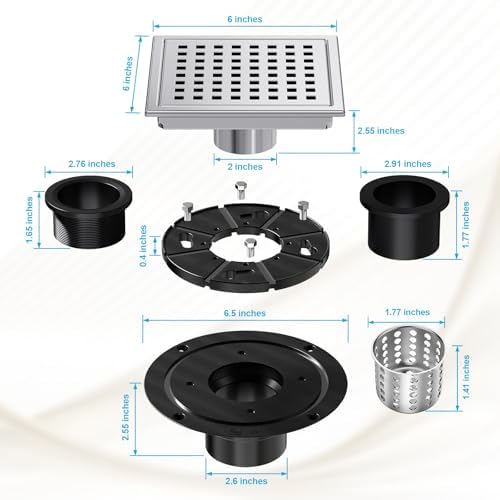NIREU 6 Inch Square Shower Drain with Chrome Finish