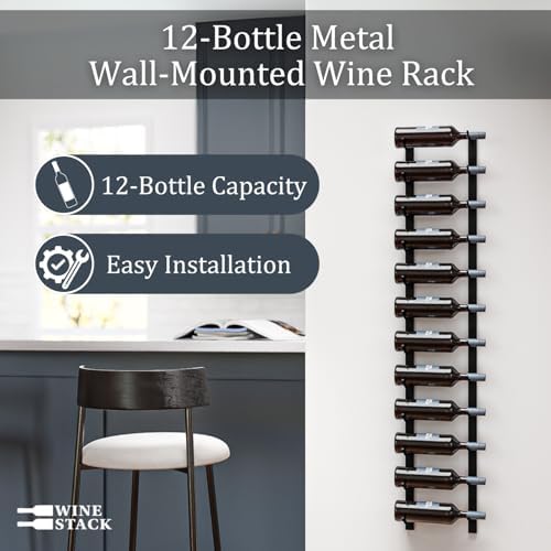 12 Bottle Black Metal Wall Mounted Wine Rack - Modern Industrial Style