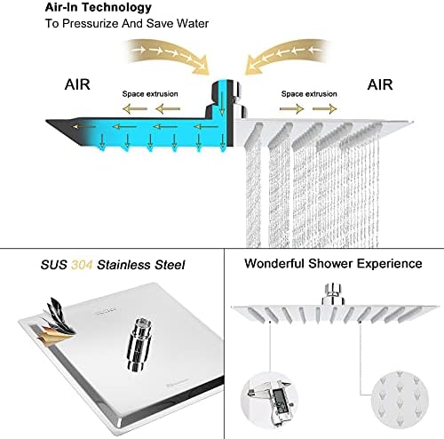 NearMoon 10-Inch Square Rain Shower Head with Chrome Finish