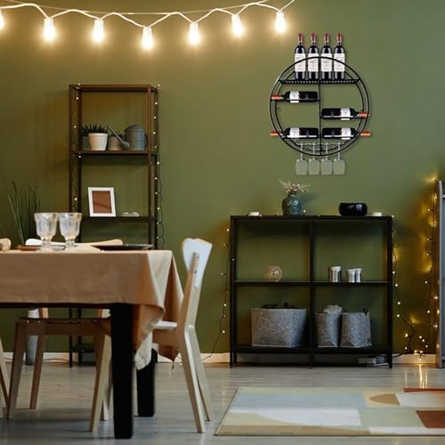 MEyeLo Round Wall Mounted Wine Rack Black and Gold Metal Design
