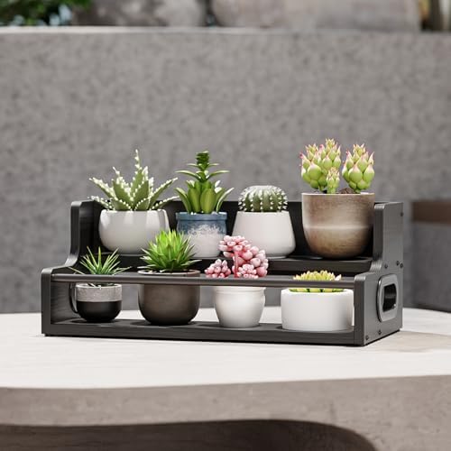 KLM Distressed Wooden Liquor Display Shelf 2-Tier Bar Organizer Black