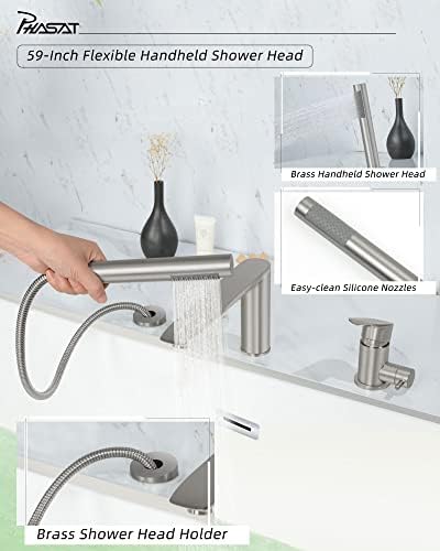 PHASAT Tub Waterfall Faucet with Handheld Shower Brushed Nickel 3-Holes Deck Mount