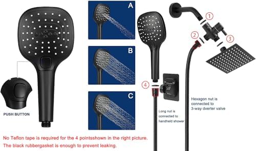 NearMoon Shower Head with 3 Settings and 5ft Hose - Matte Black