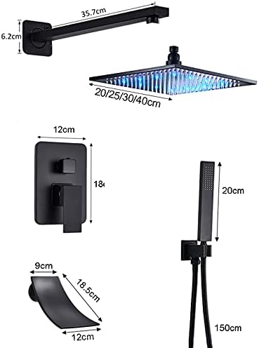 Black LED Shower Head Set with Waterfall Tub Spout and Handheld Shower