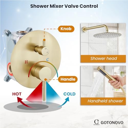 gotonovo 10 Inch Round Rainfall Showerhead with Handheld Spray and Rough In Valve