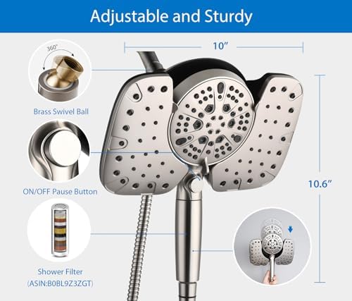 INAVAMZ 25GPM Nickel Shower Head with Handheld 10 Spray Settings
