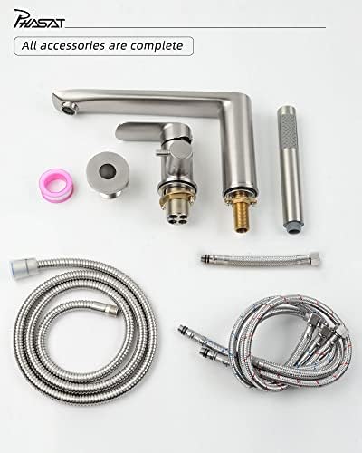 PHASAT Tub Waterfall Faucet with Handheld Shower Brushed Nickel 3-Holes Deck Mount