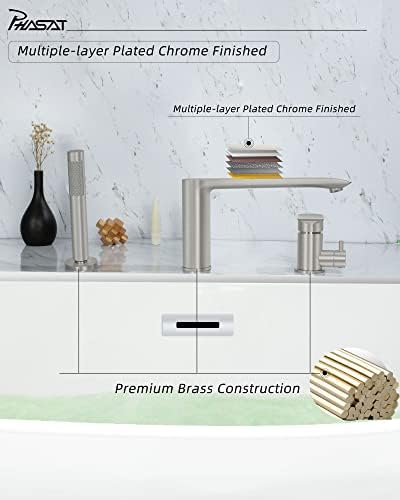 PHASAT Tub Waterfall Faucet with Handheld Shower Brushed Nickel 3-Holes Deck Mount