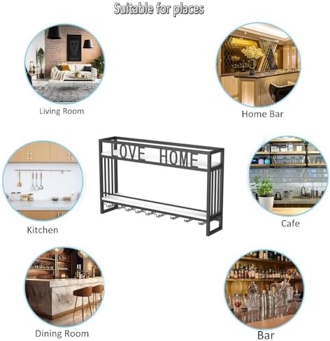 Wall Mounted Wine Rack Black 100cm Metal Holder with Glass Storage Shelves