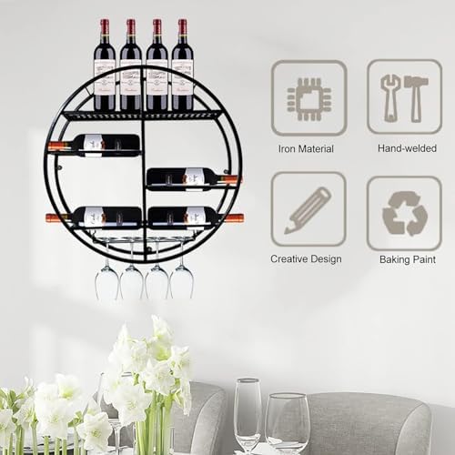 MEyeLo Round Wall Mounted Wine Rack Black and Gold Metal Design
