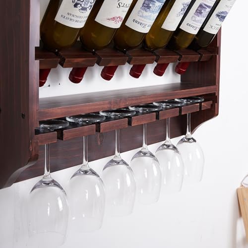 18-Bottle Wall Wine Rack with Glass Holder and Solid Wood Design