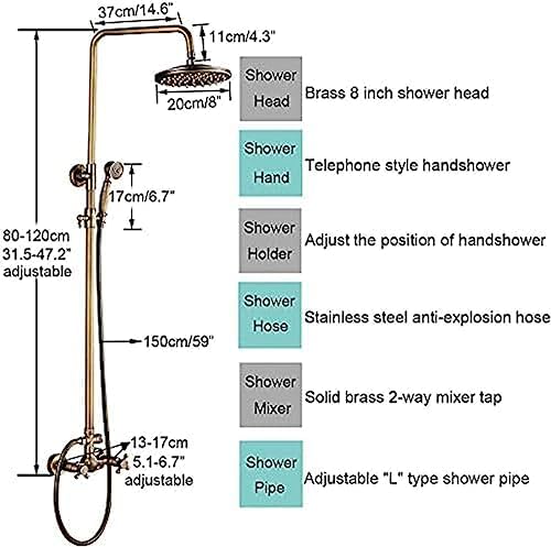 TECKI Antique Brass Shower Faucet Set with Rainfall Head and Handheld Shower