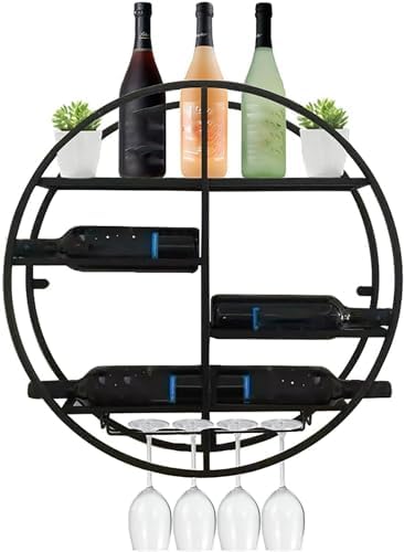 MEyeLo Round Wall Mounted Wine Rack Black and Gold Metal Design