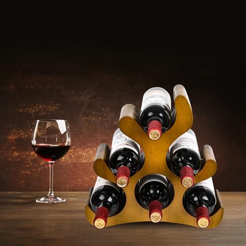 6 Bottle Countertop Wine Rack - Wooden Stand for Kitchen Bar Pantry