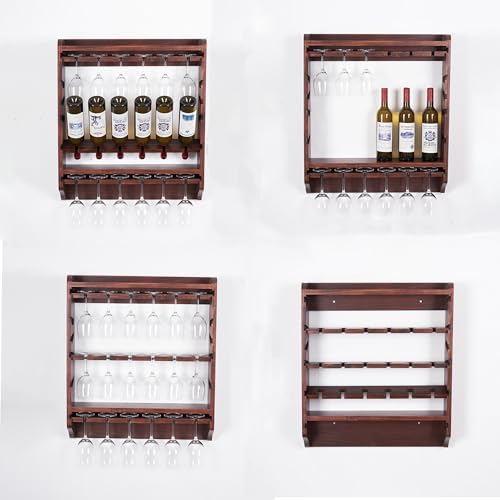 18-Bottle Wall Wine Rack with Glass Holder and Solid Wood Design