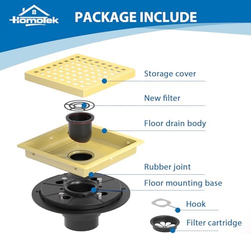 HOMOTEK 6 Inch Shower Drain Kit with Flange and Brushed Gold Strainer