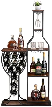 5 Tier Freestanding Wine Rack with 11 Bottle Capacity and Glasses Holder Brown