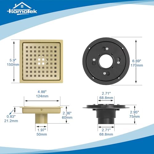 HOMOTEK 6 Inch Shower Drain Kit with Flange and Brushed Gold Strainer