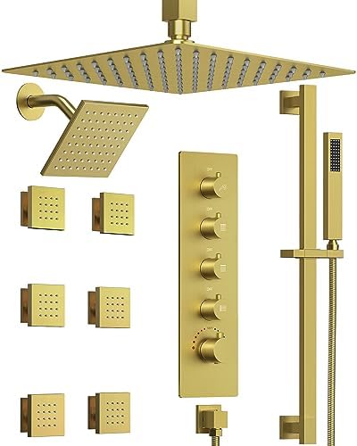 GRANDJOY Thermostatic Shower System with Rainfall Heads and Handheld