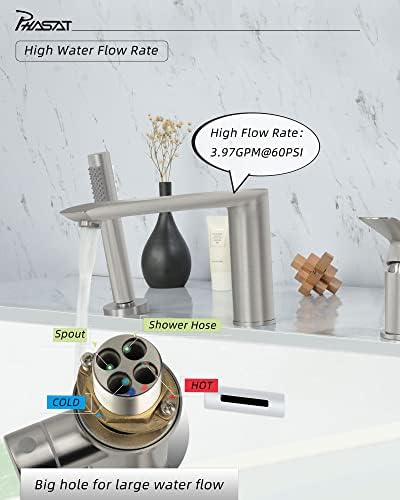 PHASAT Tub Waterfall Faucet with Handheld Shower Brushed Nickel 3-Holes Deck Mount