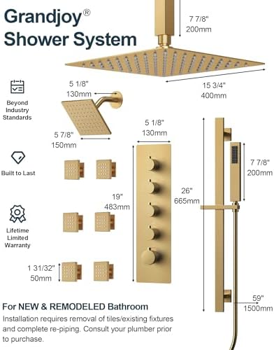 GRANDJOY Thermostatic Shower System with Rainfall Heads and Handheld