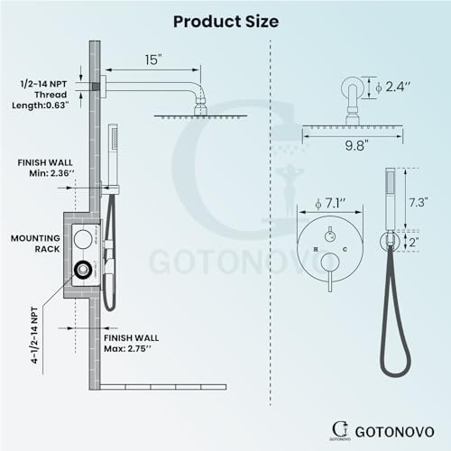gotonovo 10 Inch Round Rainfall Showerhead with Handheld Spray and Rough In Valve