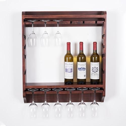 18-Bottle Wall Wine Rack with Glass Holder and Solid Wood Design