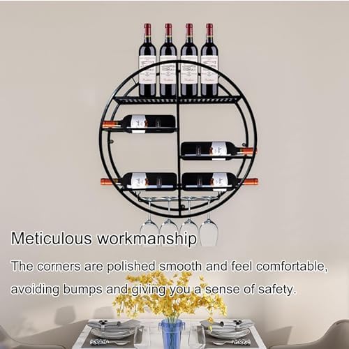 MEyeLo Round Wall Mounted Wine Rack Black and Gold Metal Design