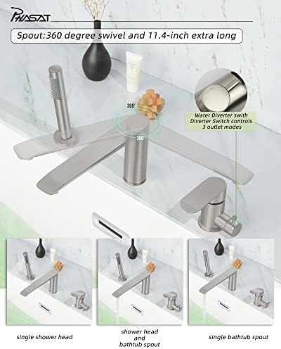PHASAT Tub Waterfall Faucet with Handheld Shower Brushed Nickel 3-Holes Deck Mount