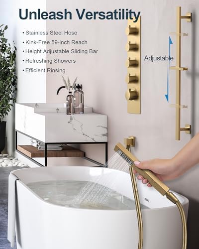 GRANDJOY Thermostatic Shower System with Rainfall Heads and Handheld