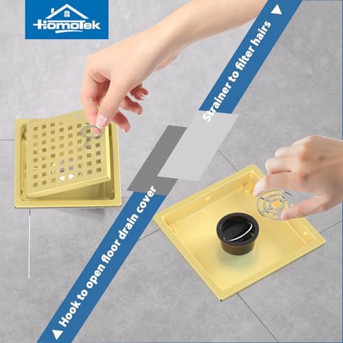 HOMOTEK 6 Inch Shower Drain Kit with Flange and Brushed Gold Strainer