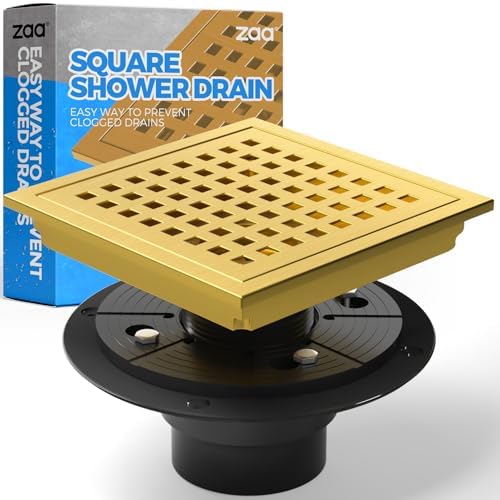 Zaa 6 Inch Square Shower Drain Kit with Gold Hair Strainer