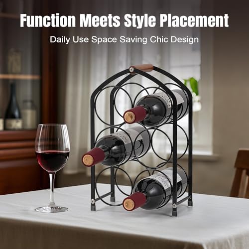 Tocemei 6-Bottle Tabletop Wine Rack with Wood Handle Arched Design Black