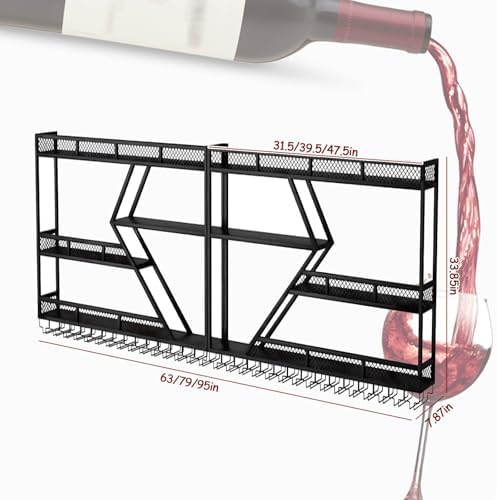 RAJYQODIS Wall-Mounted Wine Rack with Glass Holder 3-Tier Black Diamond Design