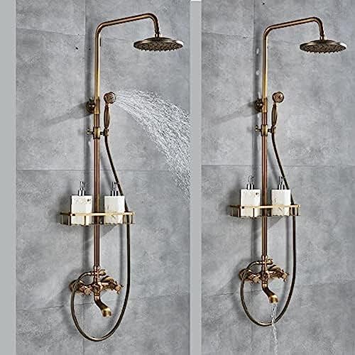 TECKI Rainfall Shower Faucet Set with Antique Brass Handheld Head