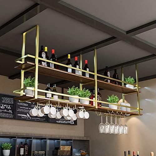 Solid Wood Wrought Iron Wine Glass Holder - Gold Finish Wall Mounted Rack