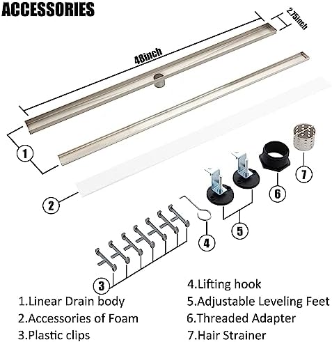 JECONNY 48 Inch Linear Shower Drain with 304 Stainless Steel Panel