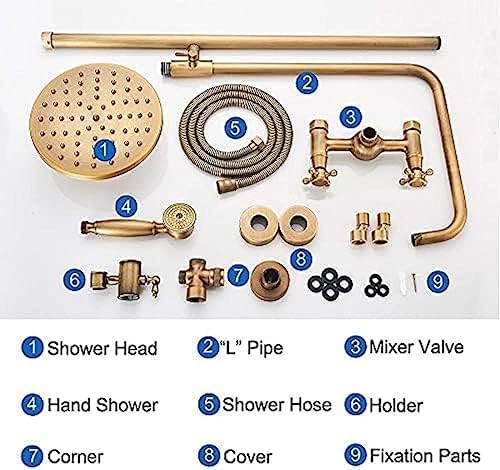 TECKI Antique Brass Shower Faucet Set with Rainfall Head and Handheld Shower
