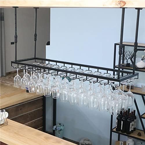 Ceiling Wine Rack with Adjustable Glass Holder Sturdy Metal Design Black 100x35cm