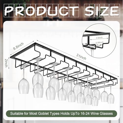 8 Row Wine Glass Rack for Cabinet Kitchen Bar Counter Black