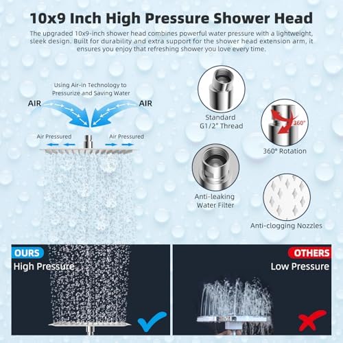 Hibbent All Metal 10x9 Rainfall Handheld Shower Combo