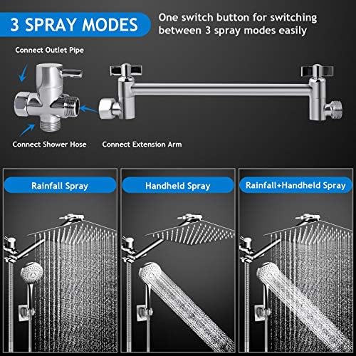 PinWin 12 Large Square Rain Showerhead with 5 Modes Handheld Combo