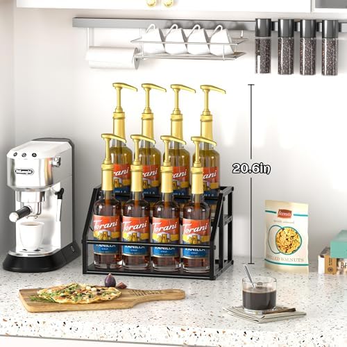 Homedawn Coffee Syrup Rack Organizer 2-Tier 8 Bottles Black