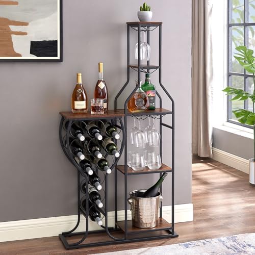 5 Tier Freestanding Wine Rack with 11 Bottle Capacity and Glasses Holder Brown