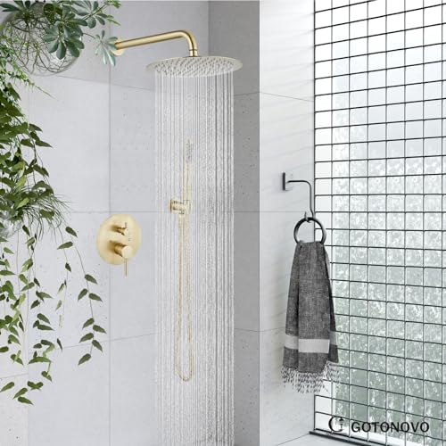 gotonovo 10 Inch Round Rainfall Showerhead with Handheld Spray and Rough In Valve