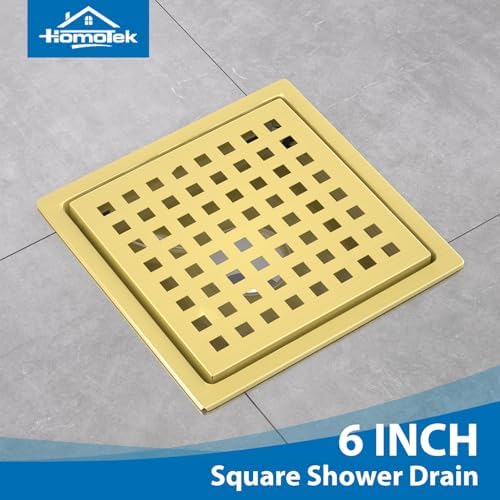 HOMOTEK 6 Inch Shower Drain Kit with Flange and Brushed Gold Strainer