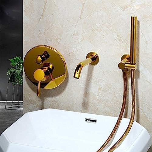 TECKI Brushed Gold Brass Shower Set with Handheld and Wall Mount
